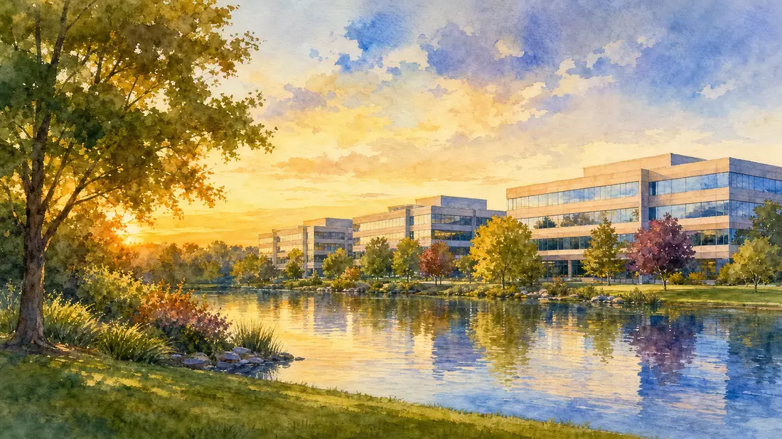 Aquarellmalerei eines Bürocampus mit Teich bei goldenem Abendlicht
