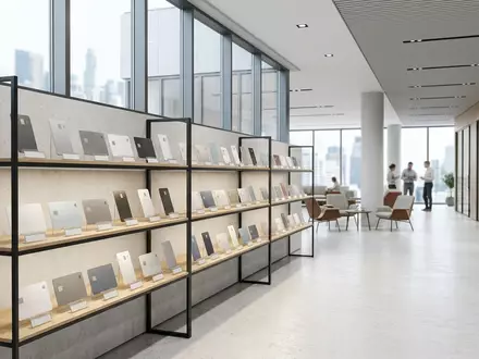 Architektur-Render im Bankfiliale mit Zahlungskarte zum Thema Mastercard, ISIN US57636Q1040, neutrales Tageslicht - Foto: THN