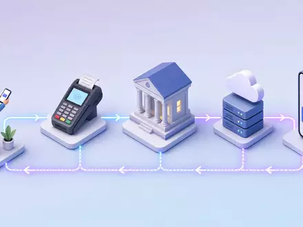 Mastercard Inc. (ISIN US57636Q1040) verbindet Händler und Banken, dargestellt als isometrische 3D-Grafik der Zahlungs-Wertschöpfungskette - Foto: THN