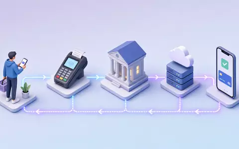 Mastercard Inc. (ISIN US57636Q1040) verbindet Händler und Banken, dargestellt als isometrische 3D-Grafik der Zahlungs-Wertschöpfungskette - Foto: THN