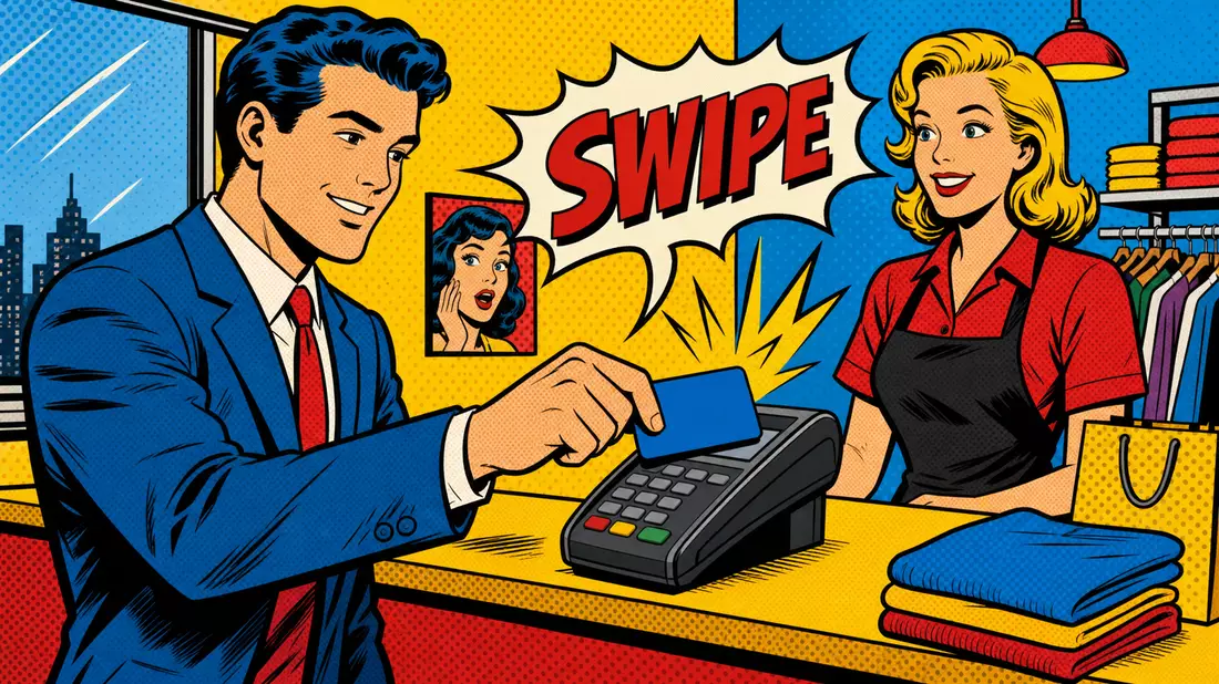 Pop-Art-Comic-Szene mit Kartenzahlung an einer bunten Ladenkasse