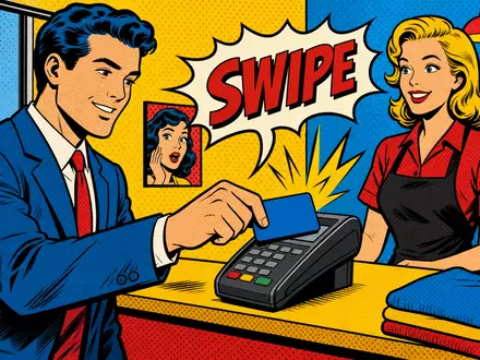 Mastercard Inc. (ISIN US57636Q1040) macht Bezahlen alltäglich, gezeigt in einer farbenfrohen Pop-Art-Comic-Szene an einer Ladenkasse - Foto: THN