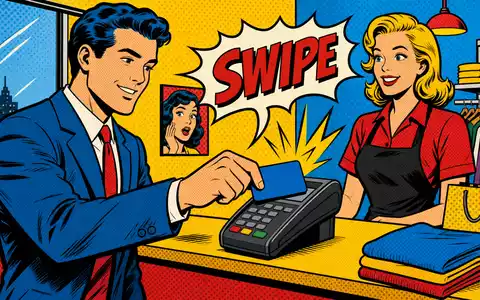 Mastercard Inc. (ISIN US57636Q1040) macht Bezahlen alltäglich, gezeigt in einer farbenfrohen Pop-Art-Comic-Szene an einer Ladenkasse - Foto: THN