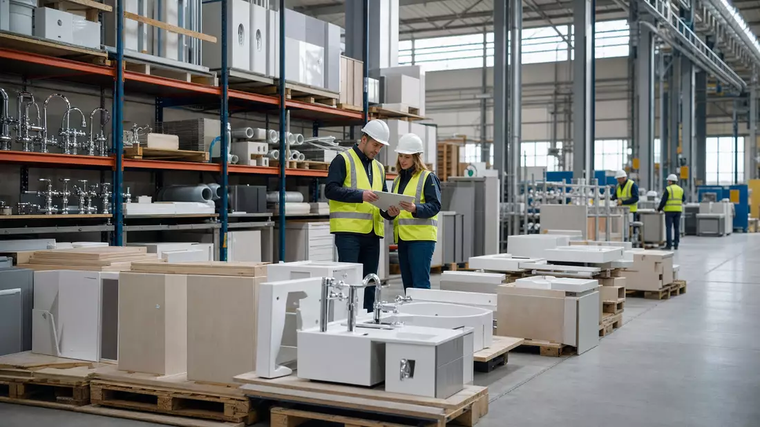 Fabrikhalle mit Sanitär- und Möbelteilen, Arbeiter in Schutzkleidung inspizieren Produkte