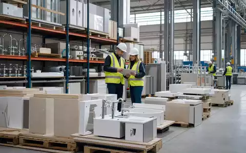 Masco Corporation US5745991068 zeigt fotorealistisch eine moderne Fabrikhalle mit Baustoffprodukten und Mitarbeitern in Schutzkleidung - Foto: THN