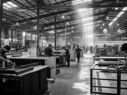 Masco Corporation US5745991068 dokumentiert schwarzweiß eine Fertigungshalle mit Arbeitern an Möbel- und Metallteilen - Foto: THN