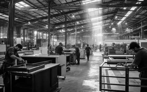 Masco Corporation US5745991068 dokumentiert schwarzweiß eine Fertigungshalle mit Arbeitern an Möbel- und Metallteilen - Foto: THN