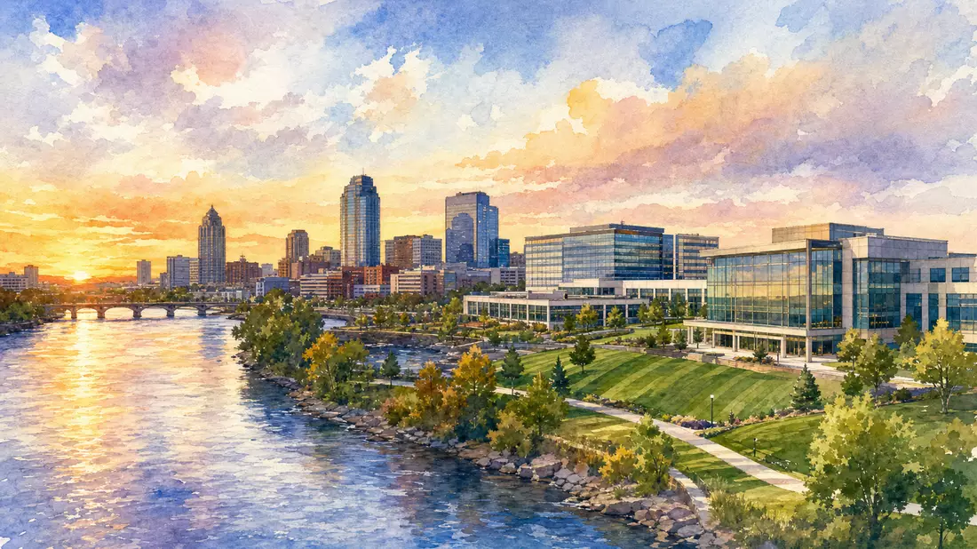 Aquarellmalerei einer Skyline am Fluss mit modernen Bürogebäuden im Sonnenlicht