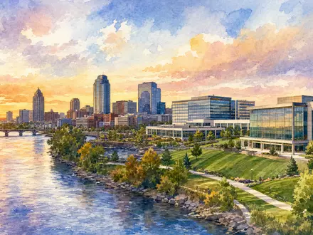 Masco Corporation US5745991068 prĂ€sentiert eine Aquarell-Illustration einer Flussstadt mit modernen BĂŒrogebĂ€uden bei Sonnenuntergang - Foto: THN
