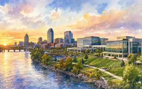 Masco Corporation US5745991068 präsentiert eine Aquarell-Illustration einer Flussstadt mit modernen Bürogebäuden bei Sonnenuntergang - Foto: THN