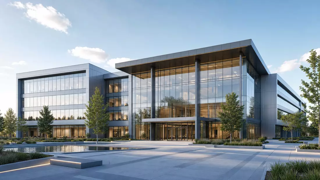 3D-Render einer modernen Firmenzentrale mit Glasfassade und begrüntem Vorplatz