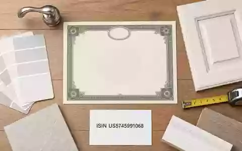 Masco Corporation US5745991068 zeigt ein Flatlay mit Aktienzertifikat, ISIN-Karte und typischen Baustoff-Utensilien - Foto: THN