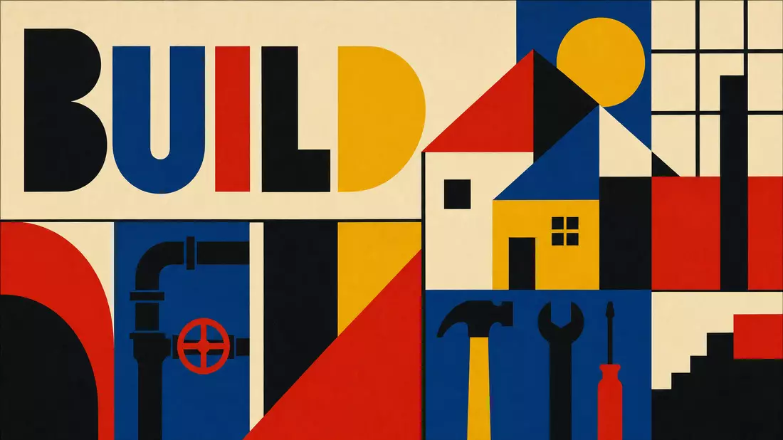 Bauhaus-Poster mit geometrischen Formen, Haus, Rohr und Werkzeugen in Primärfarben