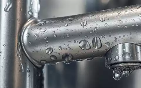 Masco Corporation US5745991068 zeigt eine detaillierte Makroaufnahme einer gebürsteten Metallarmatur mit glänzenden Wassertropfen - Foto: THN