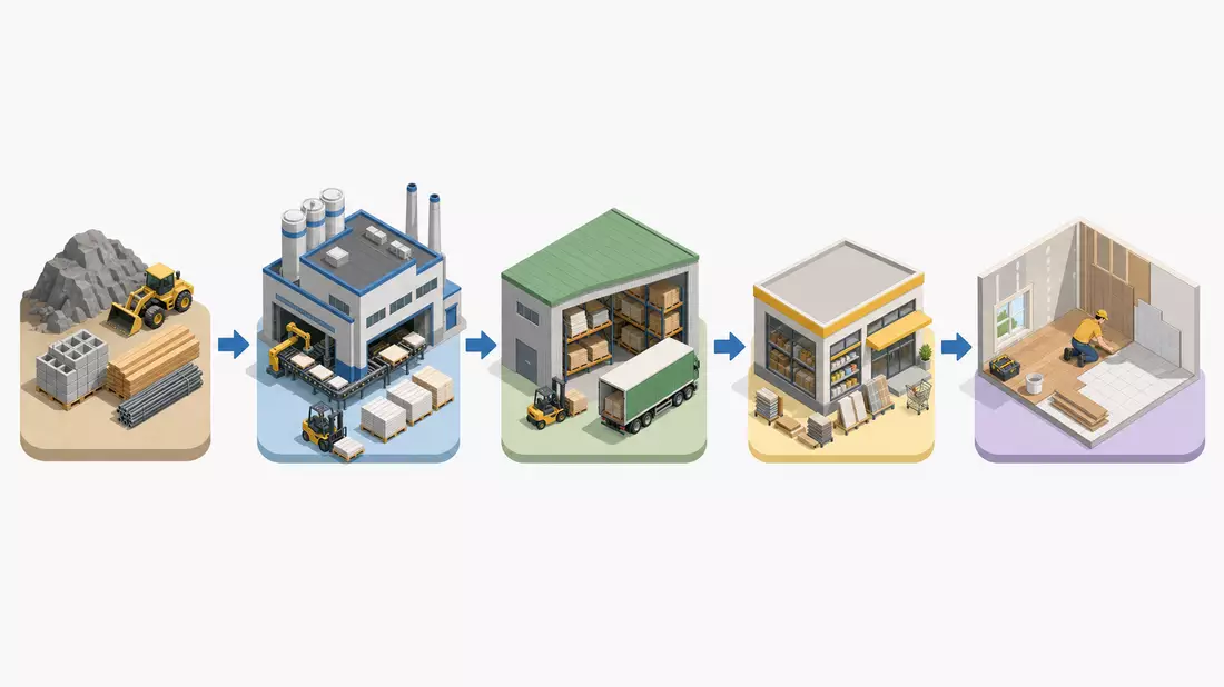 Isometrische Grafik der Lieferkette von Rohmaterial über Fabrik bis Einbau im Haus
