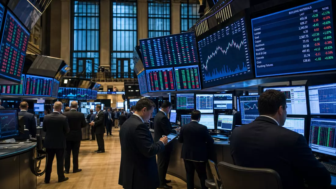 Trading-Floor mit Bildschirmen voller Aktiencharts zum Baustoffsektor
