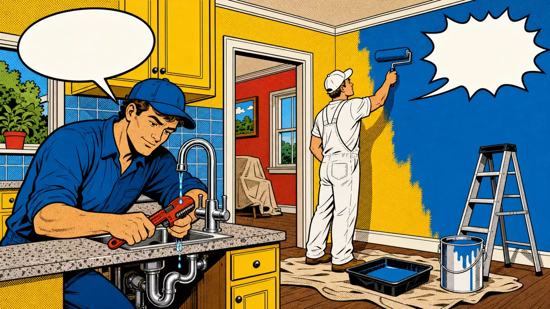 Bunte Pop-Art-Comicszene mit Klempner an Armatur und Maler an blauer Wand