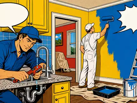 Masco Corporation US5745991068 illustriert im Pop-Art-Comic-Stil eine Renovierungsszene mit Klempner und Maler - Foto: THN