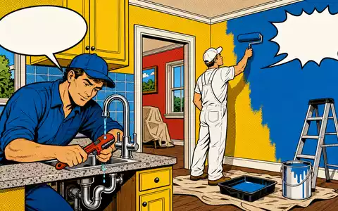 Masco Corporation US5745991068 illustriert im Pop-Art-Comic-Stil eine Renovierungsszene mit Klempner und Maler - Foto: THN