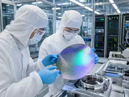 Fotorealistische Szene zeigt Reinraum-Techniker mit Siliziumwafer, passend zu Marvell Technology, Aktie ISIN US5738741041, Halbleiterbranche - Foto: THN