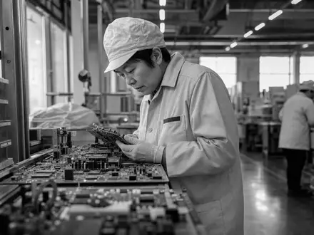 Schwarzweiß-Reportagefoto einer Chipfabrik dokumentiert Marvell Technology, Aktie mit ISIN US5738741041, aus der Halbleiterindustrie authentisch - Foto: THN
