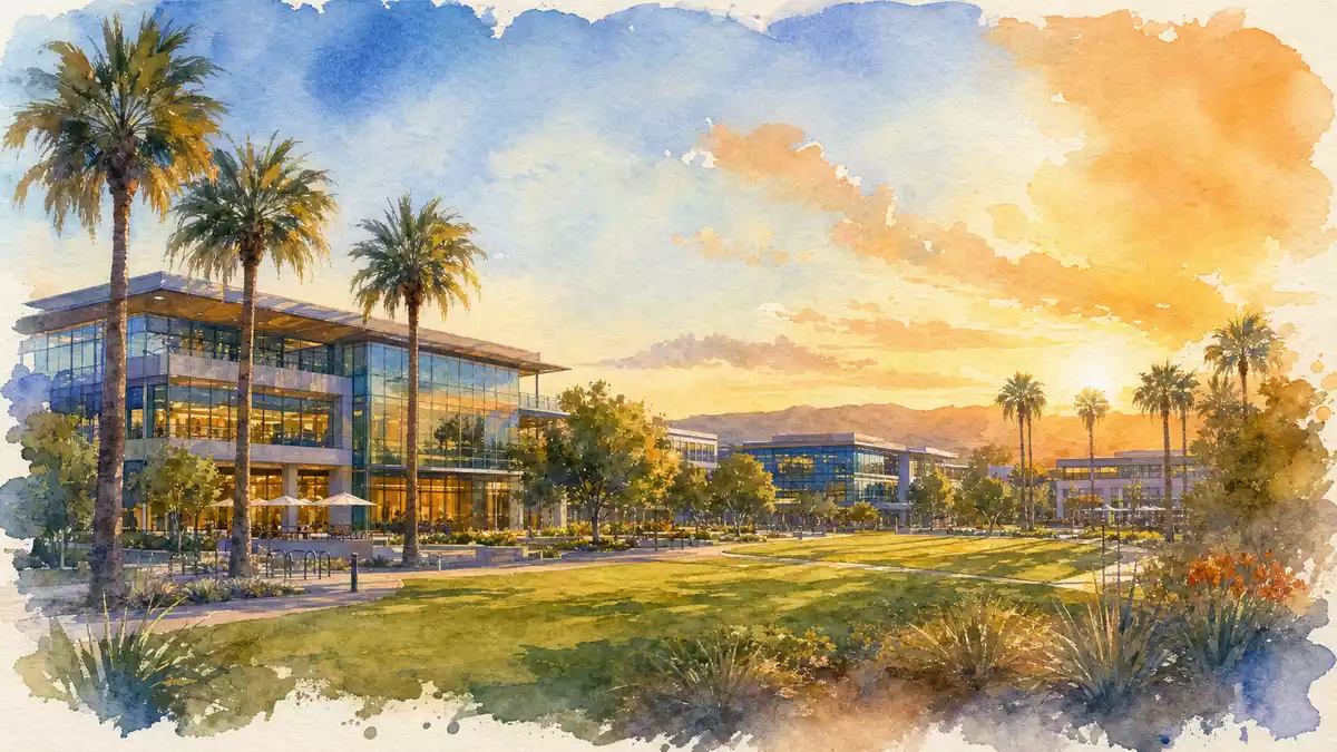 Aquarellbild eines modernen Bürocampus mit Palmen bei goldenem Abendlicht