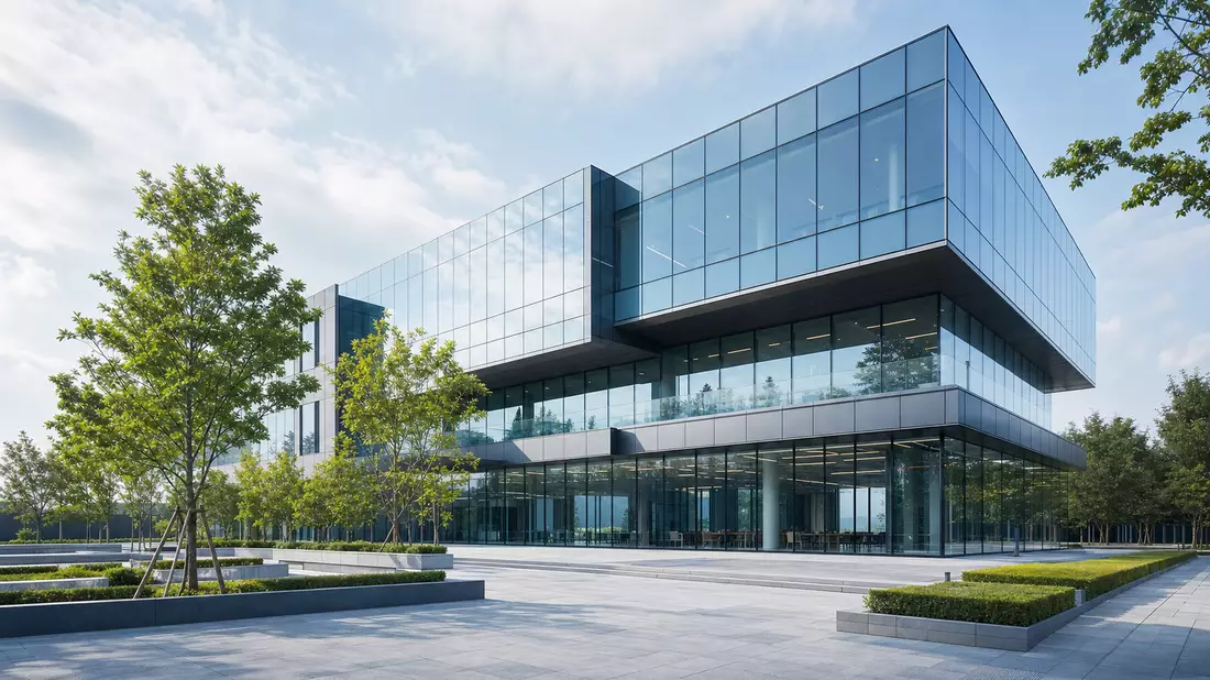 3D-Render eines modernen Glas- und Stahlgebäudes mit begrünter Plaza davor