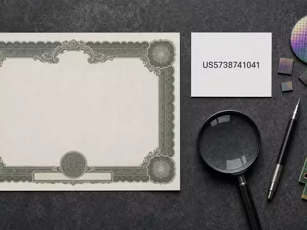 Flatlay-Arrangement mit Aktienzertifikat und ISIN-Karte US5738741041 illustriert Marvell Technology, Halbleitersektor, mit Chips und Platine - Foto: THN