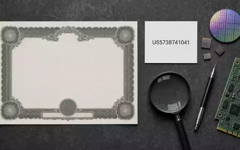 Flatlay-Arrangement mit Aktienzertifikat und ISIN-Karte US5738741041 illustriert Marvell Technology, Halbleitersektor, mit Chips und Platine - Foto: THN
