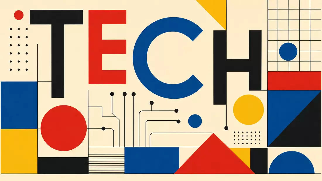 Geometrisches Bauhaus-Poster in Rot, Gelb und Blau mit dem Wort TECH und Schaltkreis-Motiven