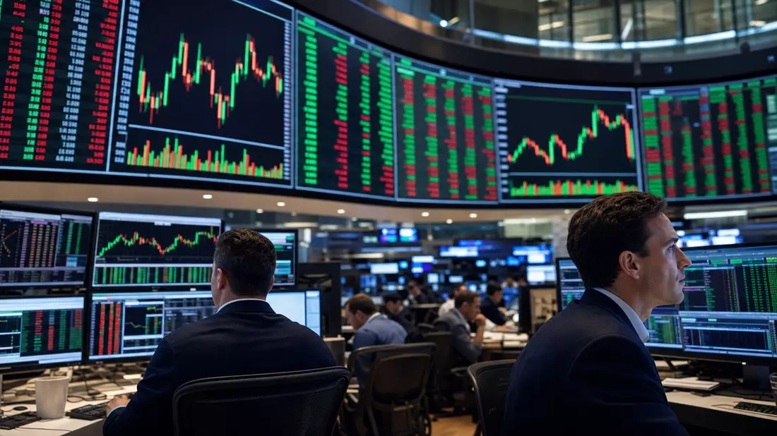 Trader betrachten Kurscharts auf großen Bildschirmen in einem Börsenhandelsraum