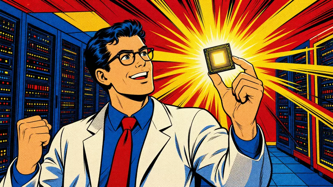 Comicfigur mit Laborkittel hält jubelnd einen leuchtenden Mikrochip im Rechenzentrum