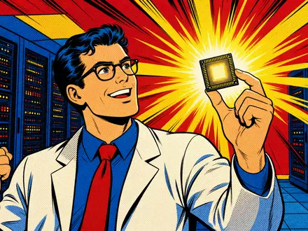 Pop-Art-Comic mit strahlendem Mikrochip in Ingenieurshand versinnbildlicht Marvell Technology, Aktie ISIN US5738741041, Halbleiterbranche - Foto: THN