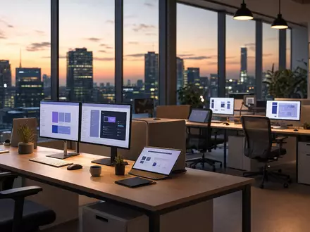 Match Group Inc. (ISIN US57669L1008) zeigt modernes Tech-Büro mit Monitoren bei Sonnenuntergang und Skyline-Blick - Foto: THN