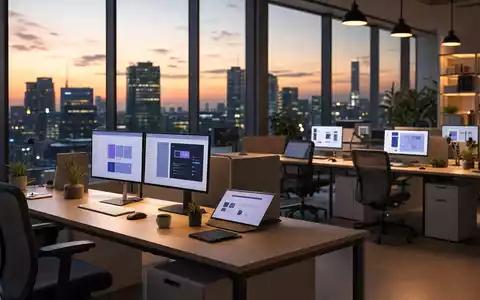 Match Group Inc. (ISIN US57669L1008) zeigt modernes Tech-Büro mit Monitoren bei Sonnenuntergang und Skyline-Blick - Foto: THN