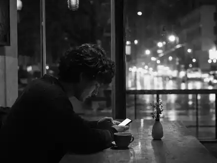 Match Group Inc. (ISIN US57669L1008) illustriert SchwarzweiĂ-Reportage einer Person mit Smartphone in nĂ€chtlichem CafĂ© - Foto: THN