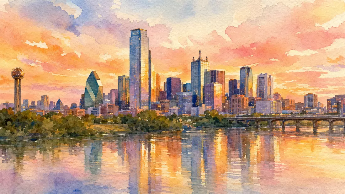 Aquarellmalerei der Dallas-Skyline mit Flussspiegelung bei Sonnenuntergang