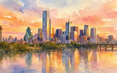 Match Group Inc. (ISIN US57669L1008) präsentiert Aquarell-Gemälde der Dallas-Skyline bei goldener Abendstimmung - Foto: THN
