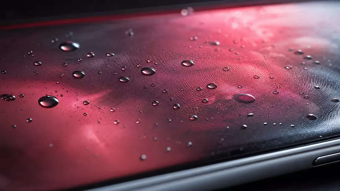 Makroaufnahme einer Smartphone-Oberfläche mit Wassertropfen und rosa Leuchten