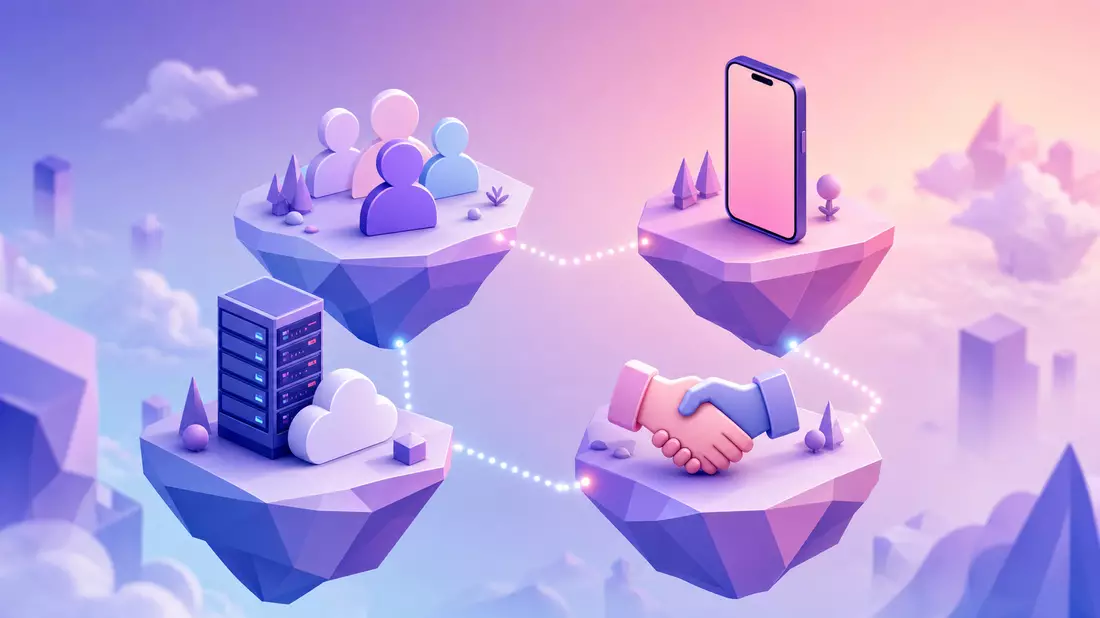 Isometrische 3D-Grafik einer digitalen Plattform-Wertschöpfungskette mit vernetzten Inseln
