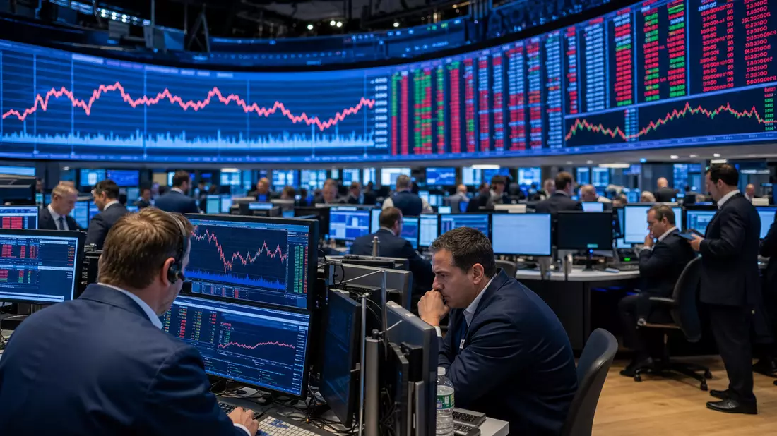 Editorial-Foto eines Trading-Floors mit großen Kurschart-Displays und Händlern