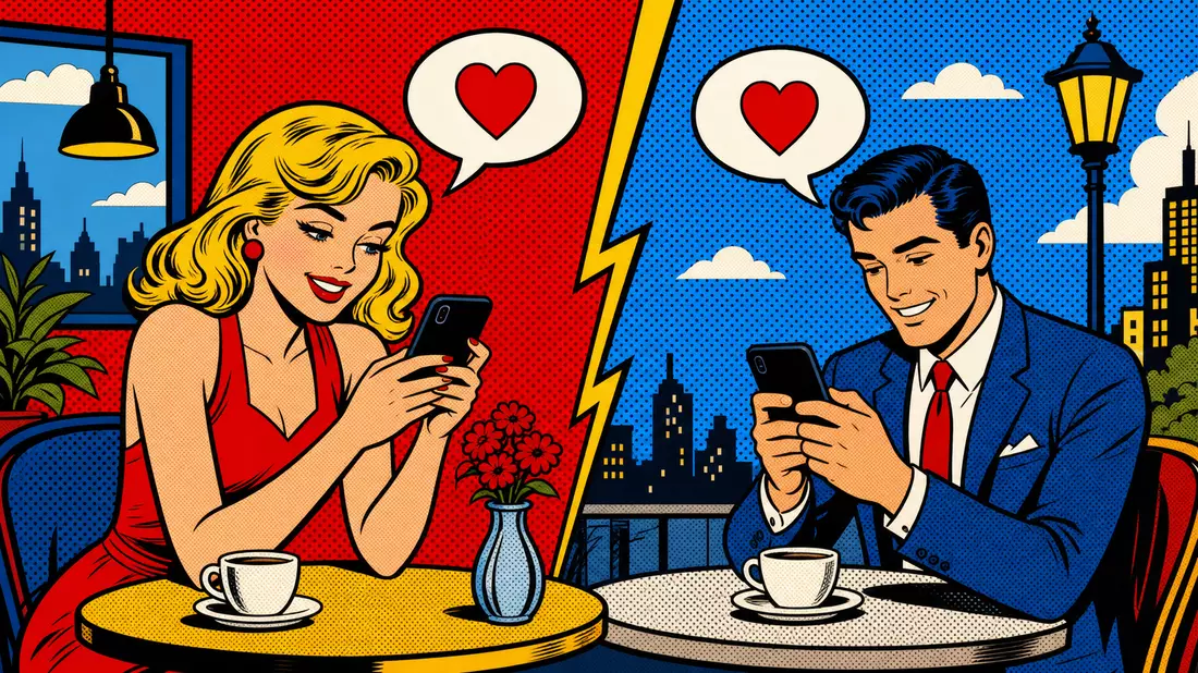Pop-Art-Comic mit zwei lächelnden Figuren an Cafétischen mit Smartphones und Herzsymbolen