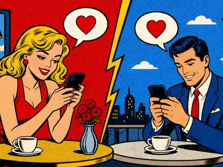 Match Group Inc. (ISIN US57669L1008) wird als farbenfrohe Pop-Art-Comic-Szene mit zwei Personen und Smartphones gezeigt - Foto: THN