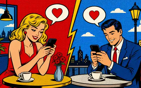 Match Group Inc. (ISIN US57669L1008) wird als farbenfrohe Pop-Art-Comic-Szene mit zwei Personen und Smartphones gezeigt - Foto: THN