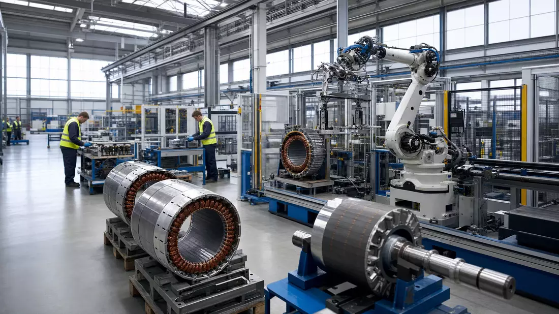 Moderne Fabrikhalle mit Robotik und Motorenkomponenten einer Industrieholding
