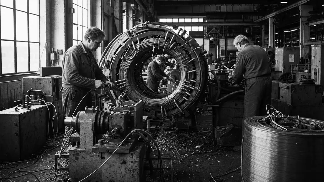 Dokumentarische Schwarzweißaufnahme von Arbeitern an einer Wickelmaschine