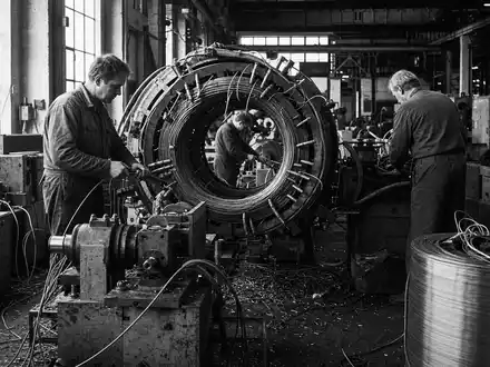 Schwarzweiß-Reportage zeigt Fabrikarbeiter an Wickelmaschine, passend zur Industrieholding MBB SE, ISIN DE000A0ETBQ4 - Foto: THN