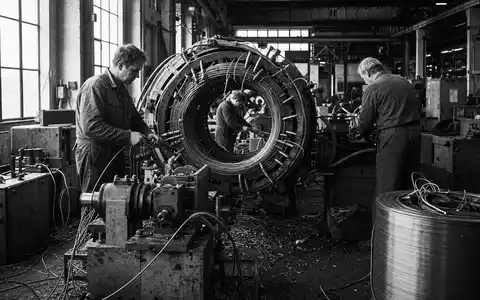 Schwarzweiß-Reportage zeigt Fabrikarbeiter an Wickelmaschine, passend zur Industrieholding MBB SE, ISIN DE000A0ETBQ4 - Foto: THN