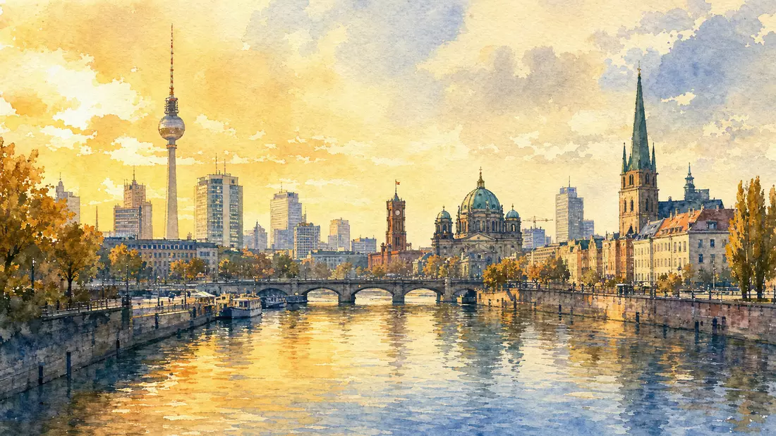 Aquarellmalerei der Berliner Skyline bei goldenem Abendlicht am Fluss