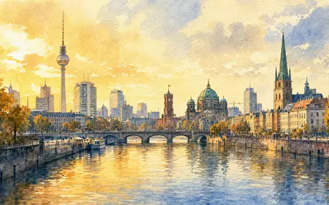 Aquarellansicht der Berliner Skyline symbolisiert den Hauptsitz der Industrieholding MBB SE, ISIN DE000A0ETBQ4, Berlin - Foto: THN